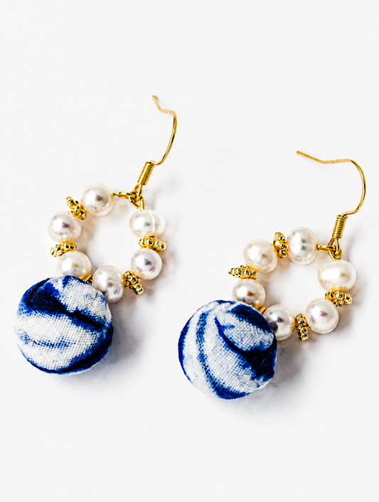 Bohemian Indigo Pearl Textile Earrings