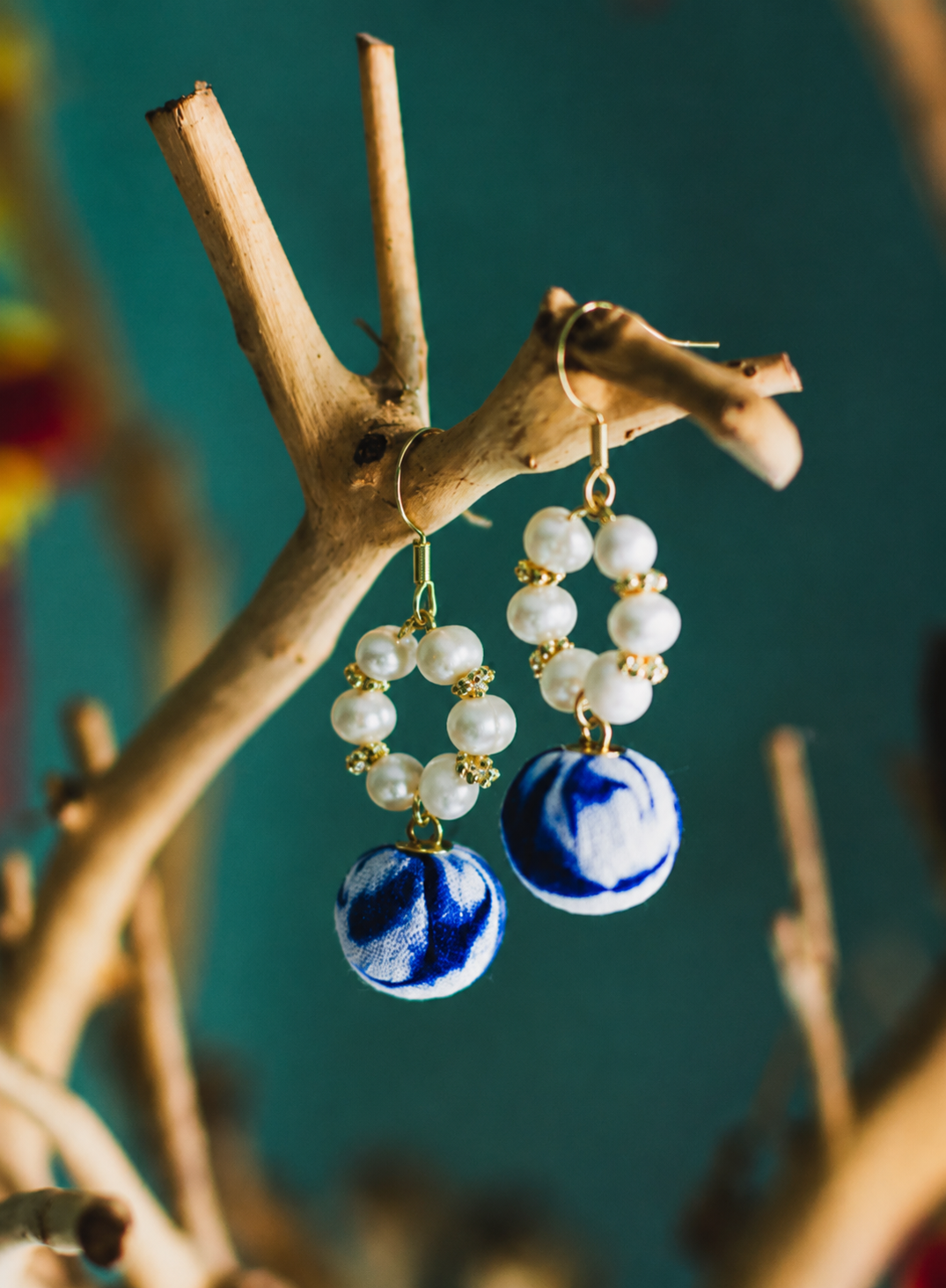 Bohemian Indigo Pearl Textile Earrings