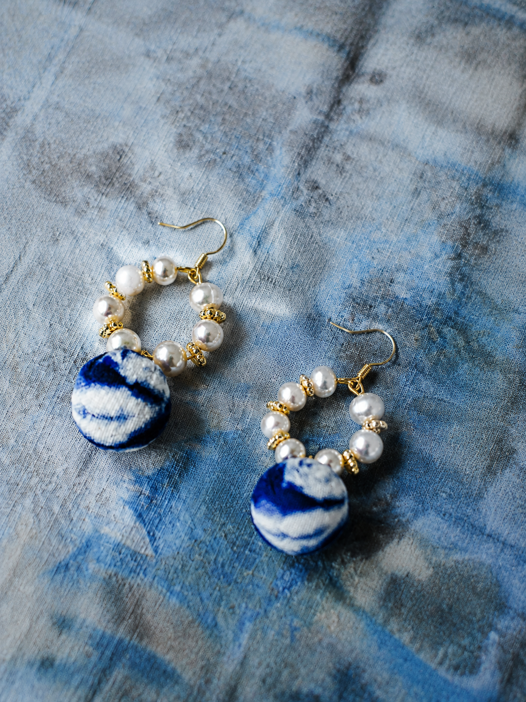Bohemian Indigo Pearl Textile Earrings