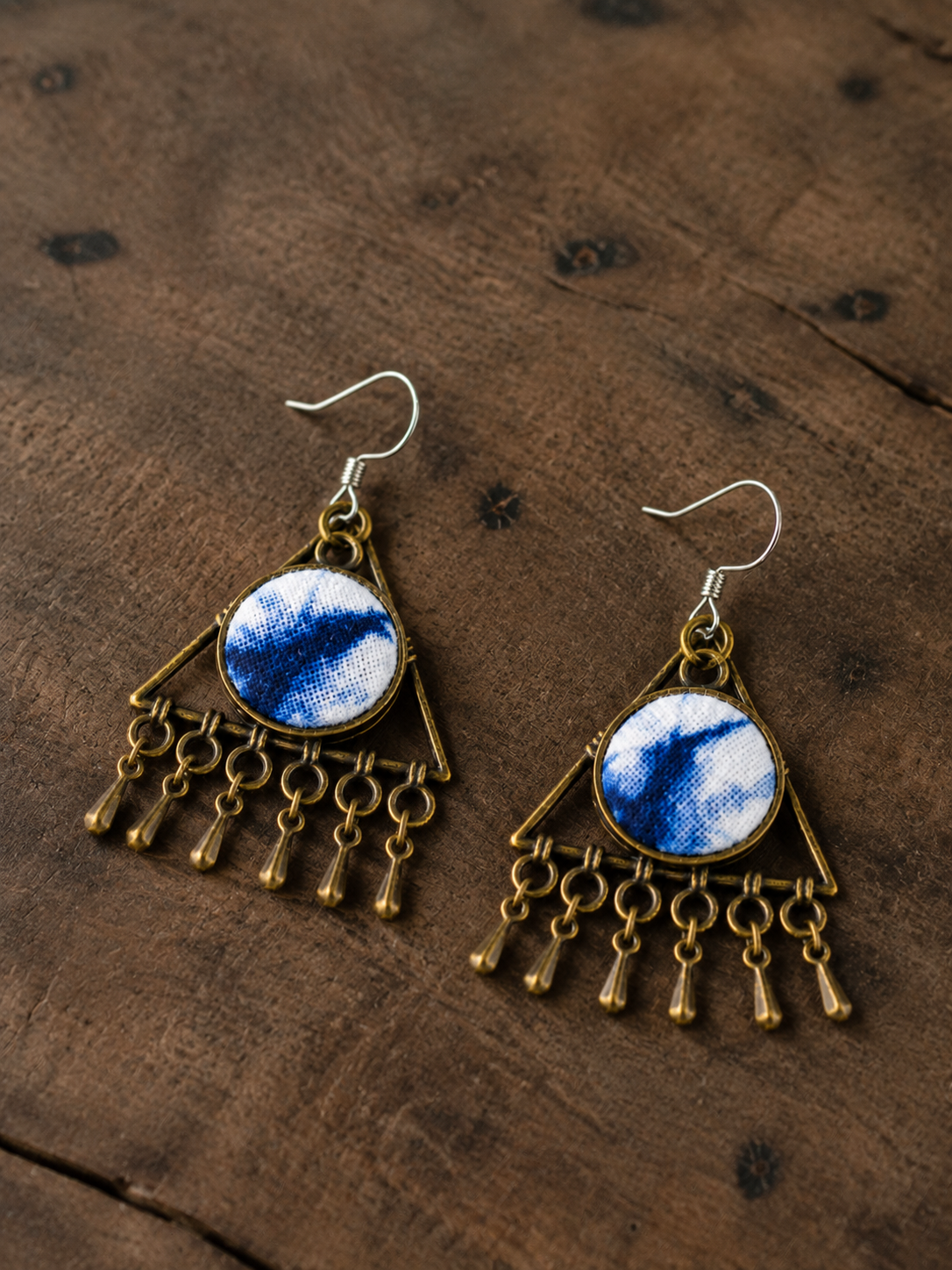 Indigo Triangle Tassel Statement Earrings