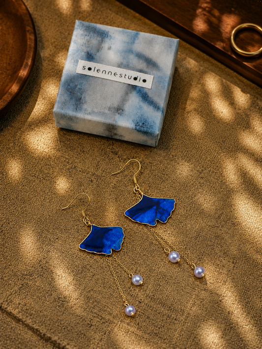 Indigo Ginkgo Leaf Statement Earrings