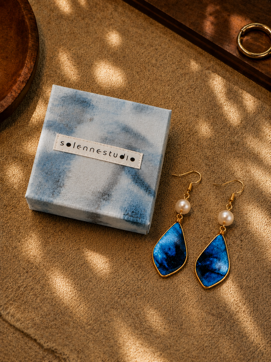 Indigo Pearl Gold-Trim Drop Earrings