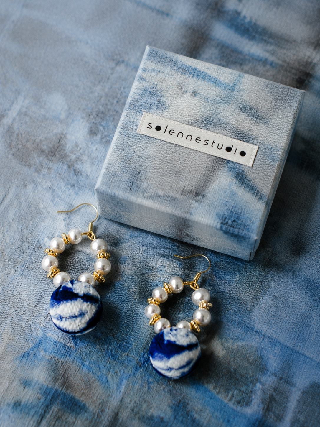 Bohemian Indigo Pearl Textile Earrings