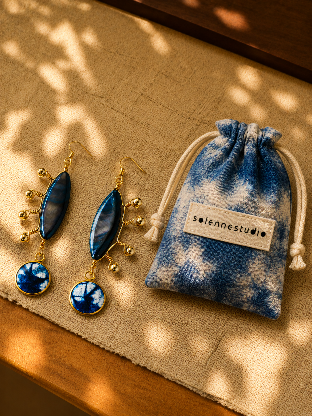 Indigo Shell Wire-Wrapped Statement Earrings