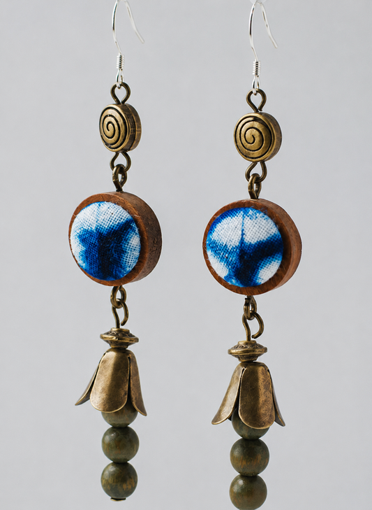 Zen Wood Indigo Textile Dangle Earrings
