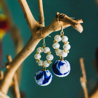 Bohemian Indigo Pearl Textile Earrings