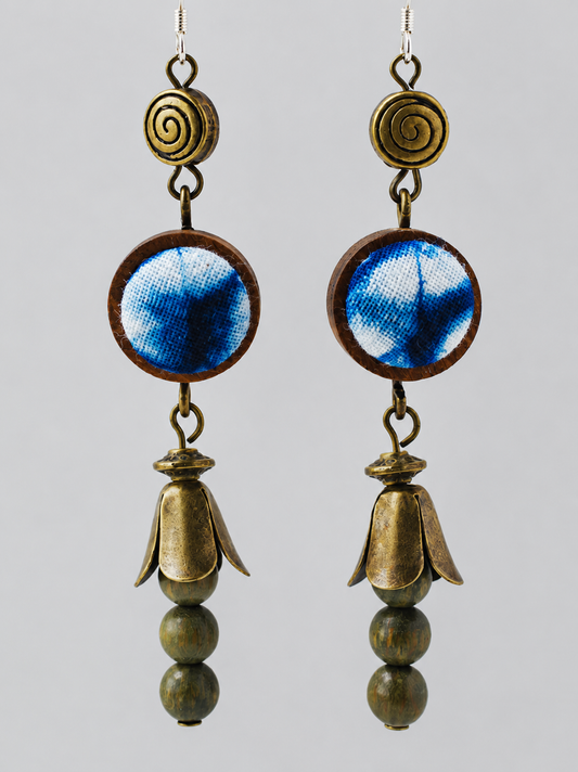 Zen Wood Indigo Textile Dangle Earrings